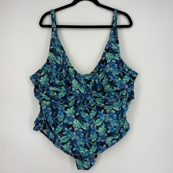 Disney Womens 2X One Piece Swim Bathing Suit Blue Green Tropical Mickey Mouse - Picture 1 of 7